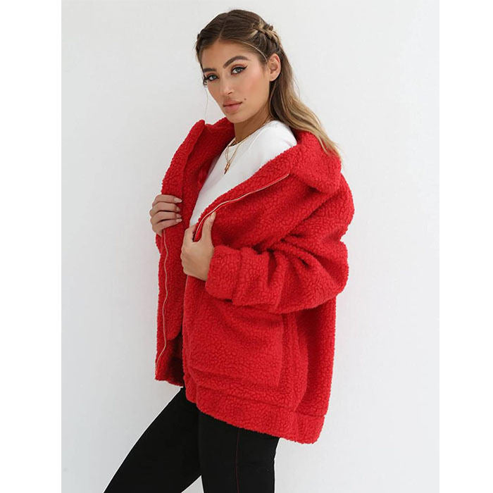 Beakey Women's Lapel Zip Up Coat Faux Shearling Shaggy Oversized  Jacket Warm Winter-Red-T0647