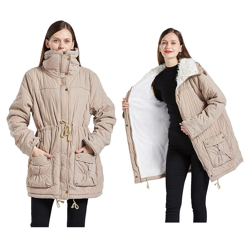 Beakey Women's Mid Length Winter Coat Thickened Warm Lamb Wool Lined Jacket-Khaki
