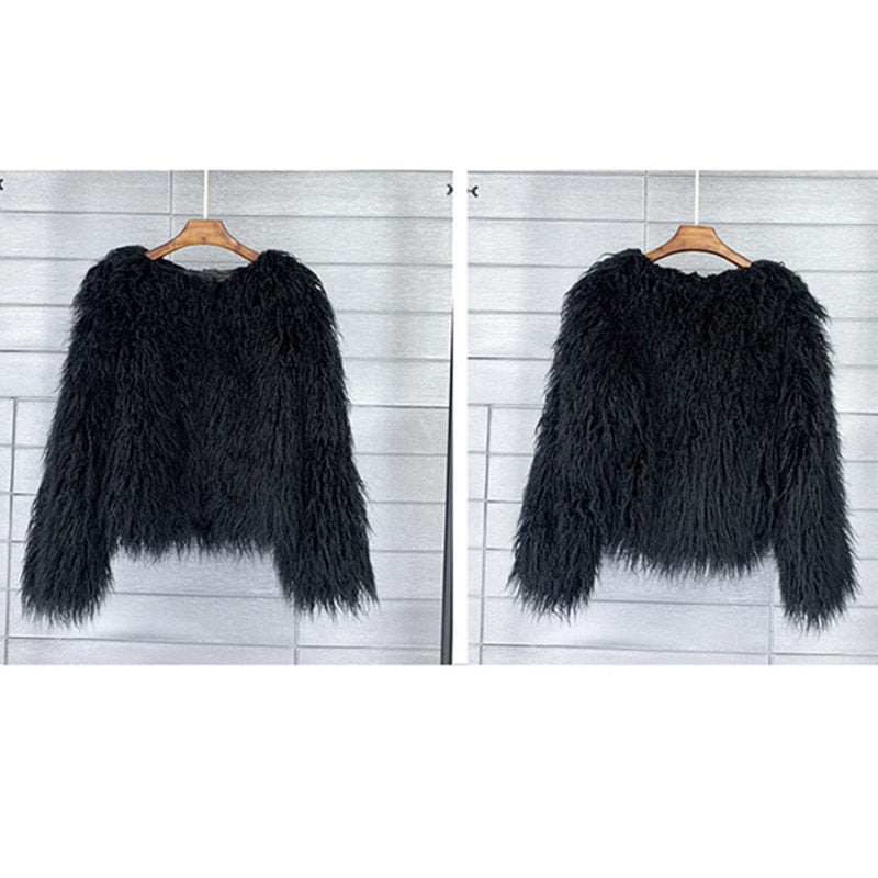 Beakey Womens Shaggy Faux Fur Outwear Short Thermal Coat-Black