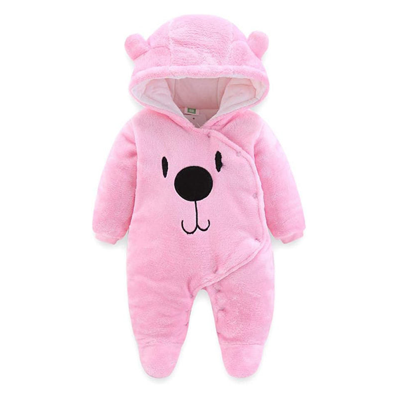Beakey Cute Bear Hooded Snowsuit for Baby Button Footie Fleece Jumpsuit-Pink