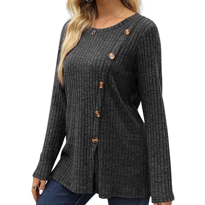 Beakey Long Sleeve Tops for Women Button Decor Loose Tunic Blouse-Dark Gray