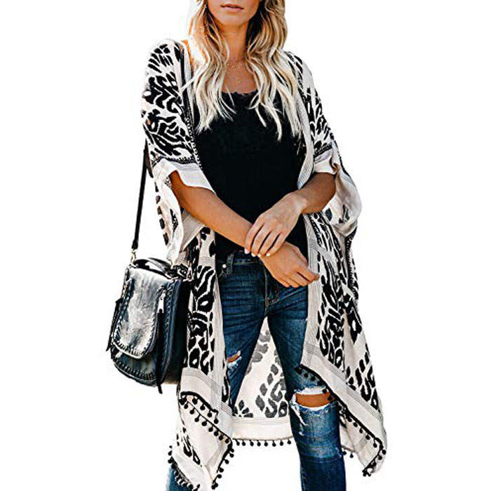 Beakey Women Print Kimono Tassel Casual Cardigan V Neck Loose Swimsuit Cover Up Beachwear-Black