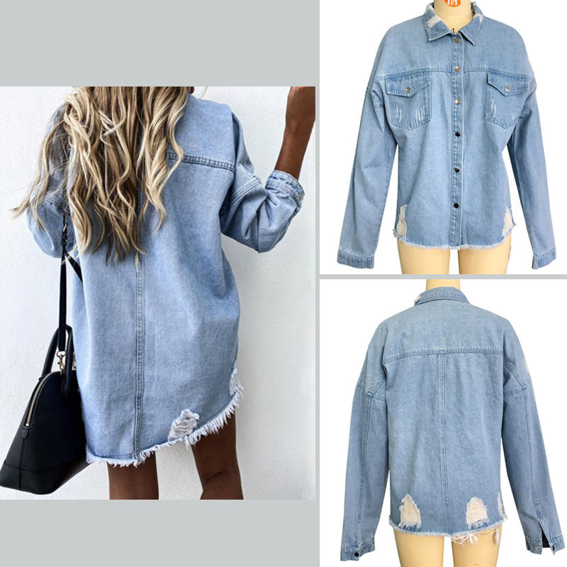 Beakey Women Ripped Denim Jacket Boyfriend Mid Long Trucker Coat-LightBlue