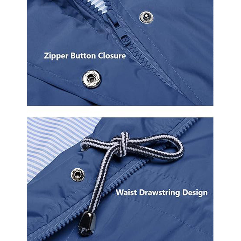 Beakey Rain Jacket for Women Striped Lined Hooded Lightweight Windbreaker-Denim Blue
