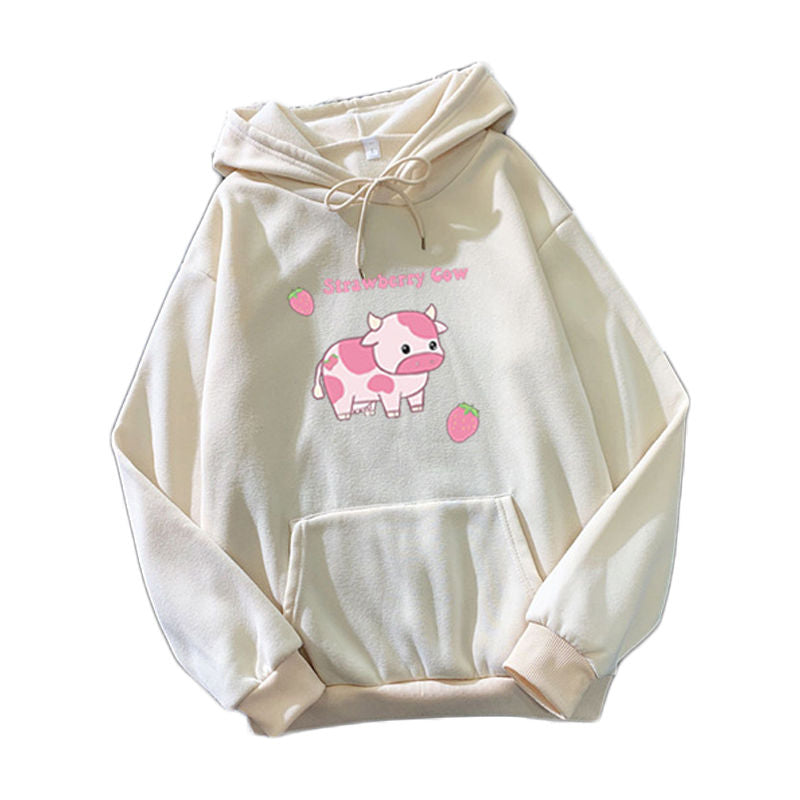 Beakey Casual Hoodie Strawberry Cow Print with Pockets for Women Men-Apricot