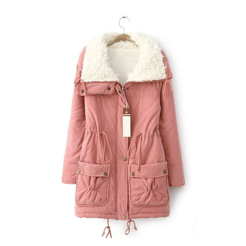 Beakey Women's Mid Length Winter Coat Thickened Warm Lamb Wool Lined Jacket-Pink
