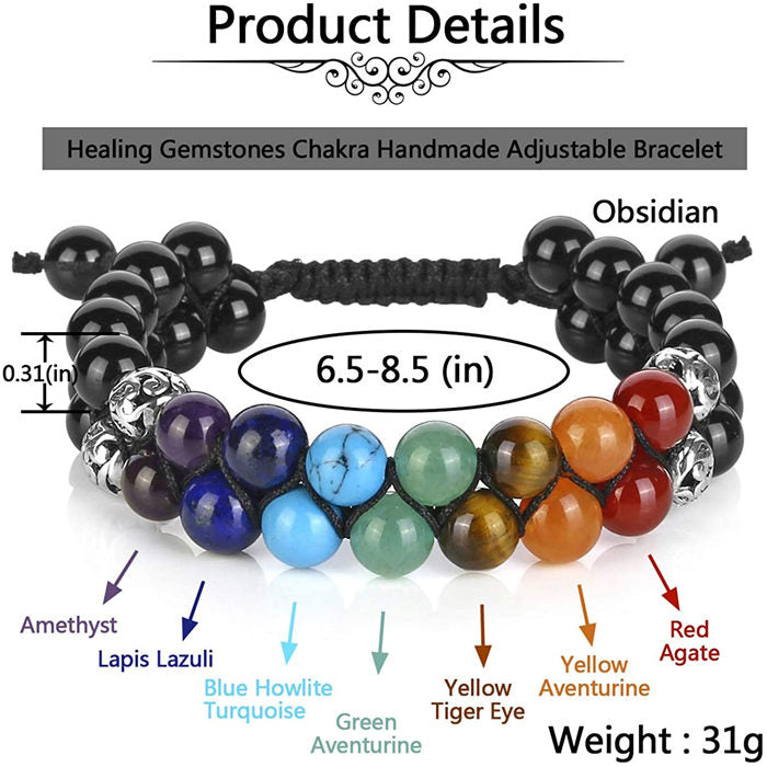 Beakey Bead Bracelet 7 Chakras Healing Crystals Bracelet Stone Beads Double Layer Bracelets-Black Agate Bracelet