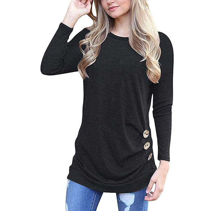 Beakey Women's Casual Long Sleeve Round Neck Loose T Shirt Blouse Tops-Black-88041