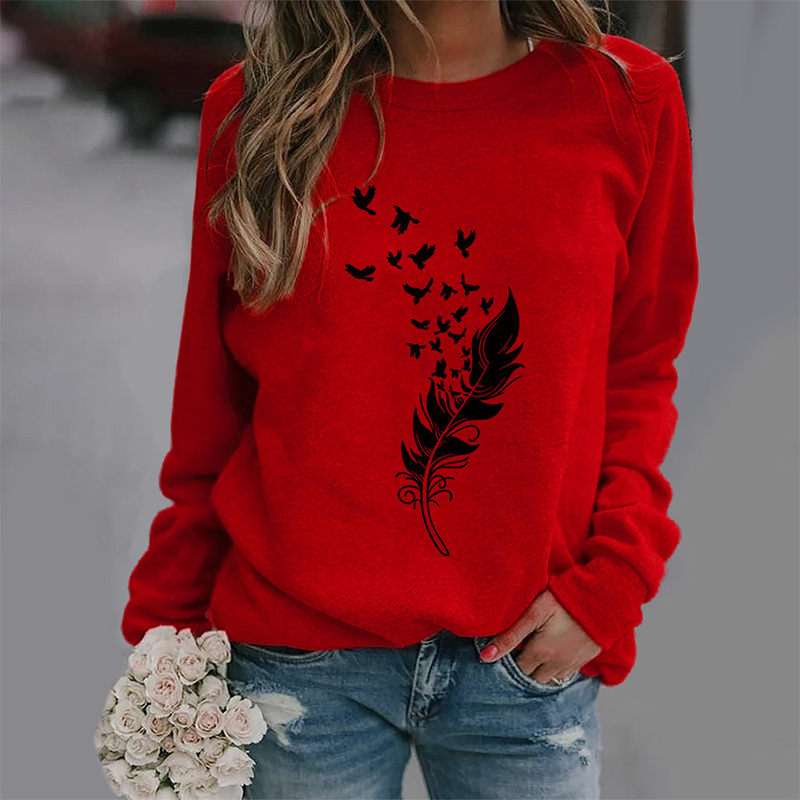 Beakey Womens Casual Long Sleeve T-Shirt Crew Neck Pullover-Red