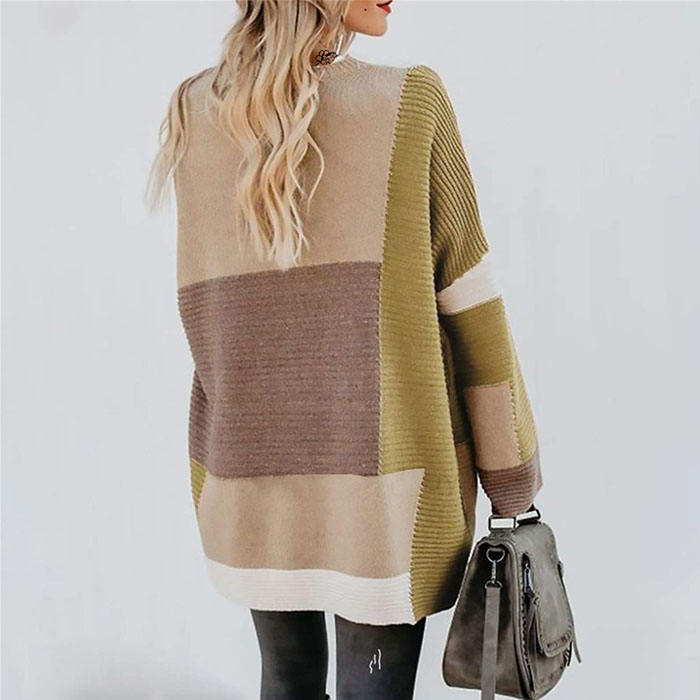 Beakey Womens Color Block Cardigan Open Front Sweaters Loose Knit Casual Coat-Khaki-AL6009