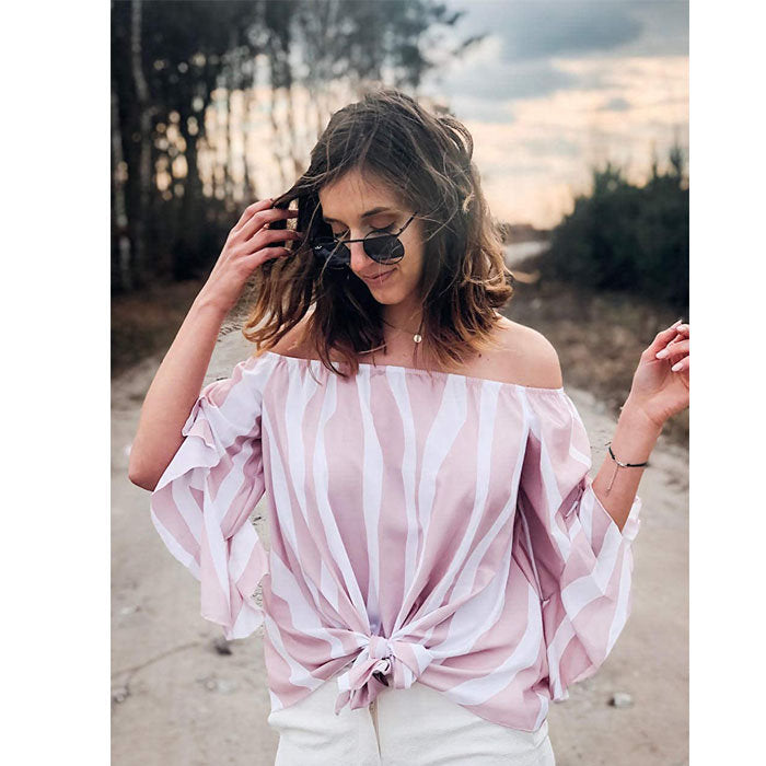 Beakey Women's Striped Printed Off Shoulder Bell Sleeve Shirt Tie Knot Casual Blouses Tops-Pink-8802