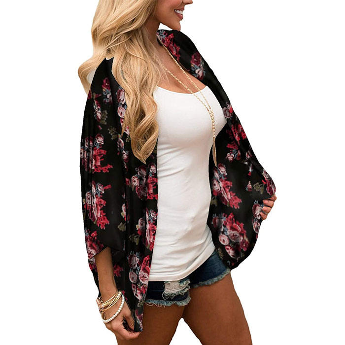 Beakey Women's Summer Floral Print Kimonos Loose Half Sleeve Chiffon Cardigan Blouses Casual Cover Up - Safflower On Black