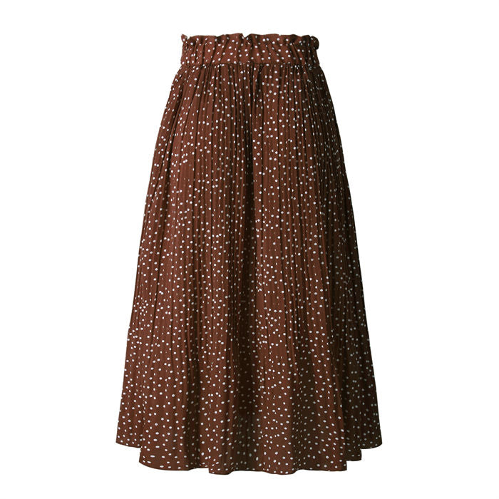 Beakey Womens High Waist Skirt Polka Dot Pleated Midi Maxi Swing Skirt High Elastic-Coffee-0387