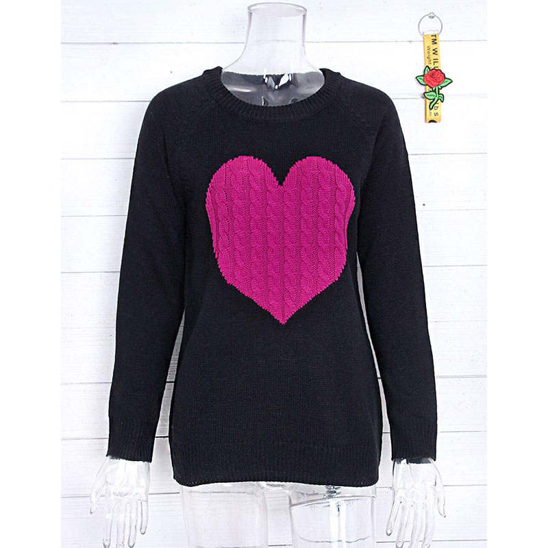 Beakey Women's Long Sleeve Pullover Sweater CrewNeck Cute Heart Knit Sweater-Black Rose