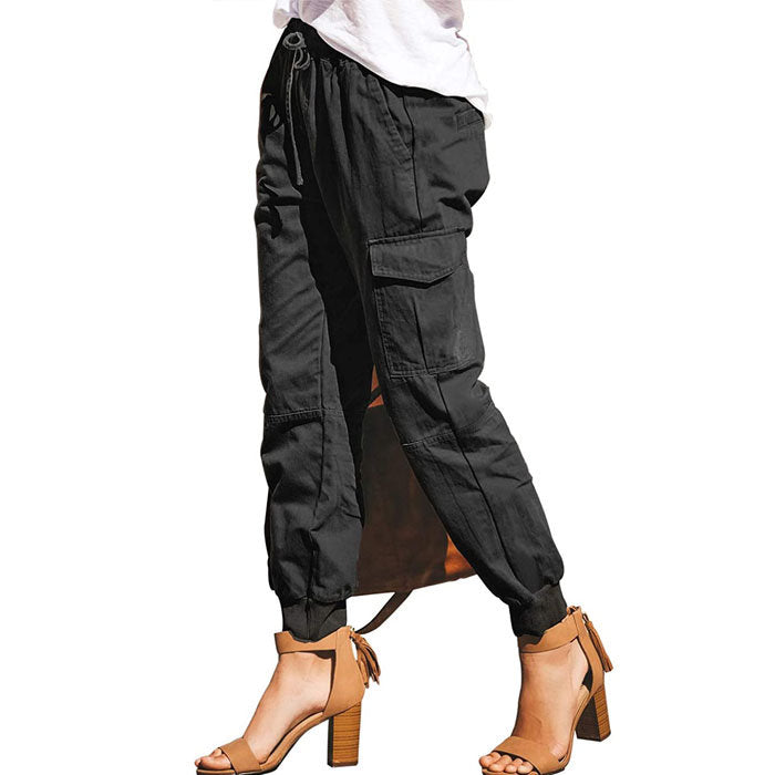 Beakey Women's Fashion Waist Cargo Pants Drawstring Trousers with Pockets-Black-D29