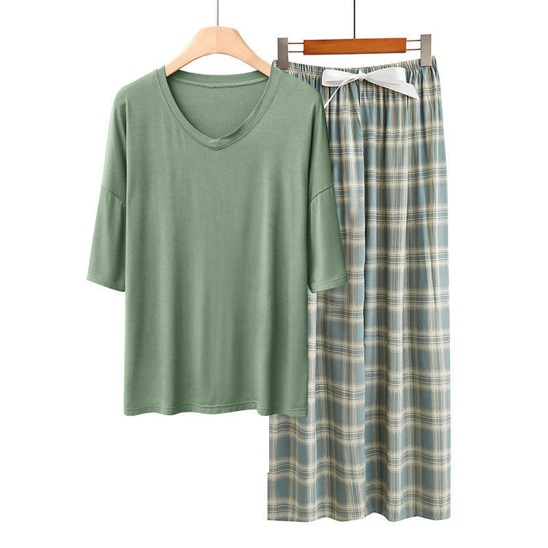 Beakey Womens Pajama Set Print Sleepwear Soft V-Neck Short Sleeve Top With Pants-11