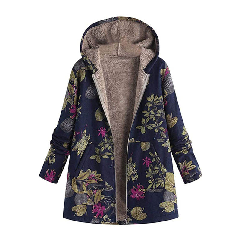 Beakey Womens Bohemian Floral Print Jacket Plush Hooded Warm Coat-B