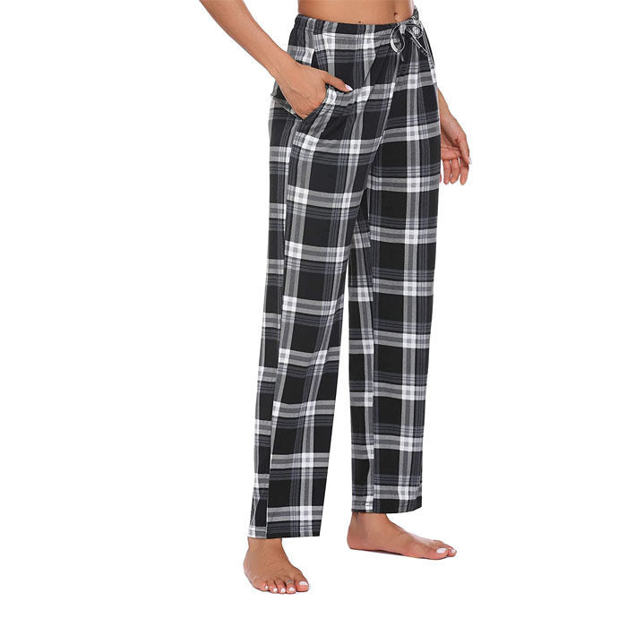 Beakey Women Lounge Pants Comfy Pajama Bottom Stretch Plaid Drawstring Bottoms Pants-Black-SP127