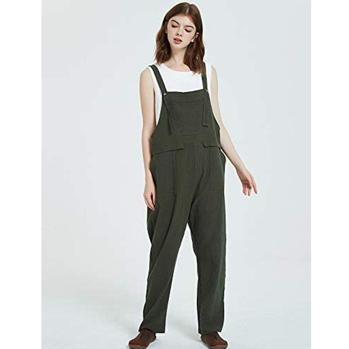 Beakey Women's Casual Baggy Cotton Linen Jumpsuit Overalls With Pockets-Green-5859