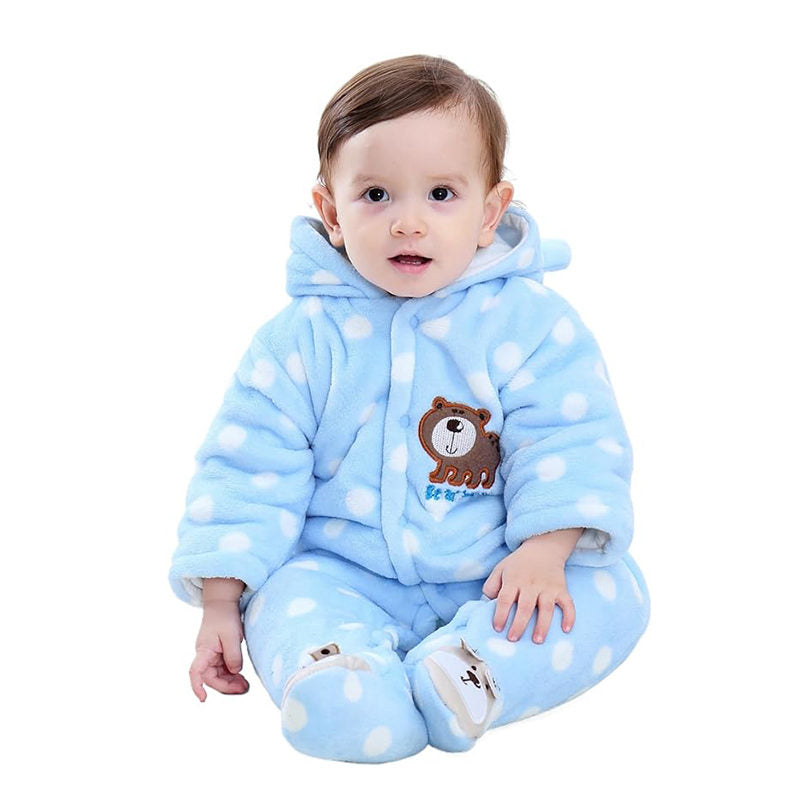 Beakey Newborn Flannel Jumpsuit with Hood Button Down Winter Rompers-Blue Dot