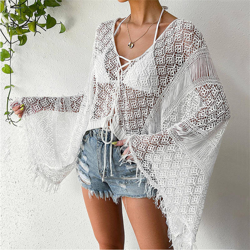 Beakey Womens Summer Cover Up Long Sleeve Hollow Beach Bikini Swimsuit Tassels Top-White