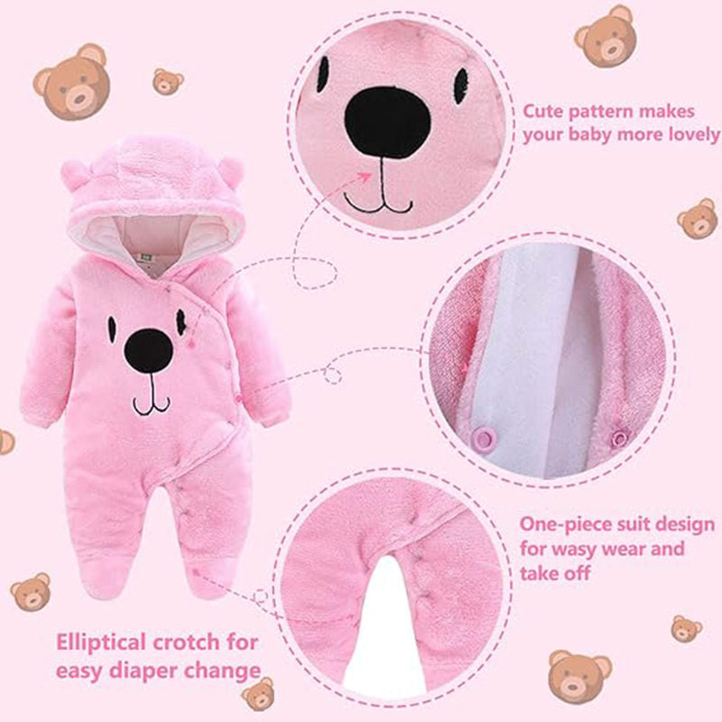 Beakey Cute Bear Hooded Snowsuit for Baby Button Footie Fleece Jumpsuit-Pink