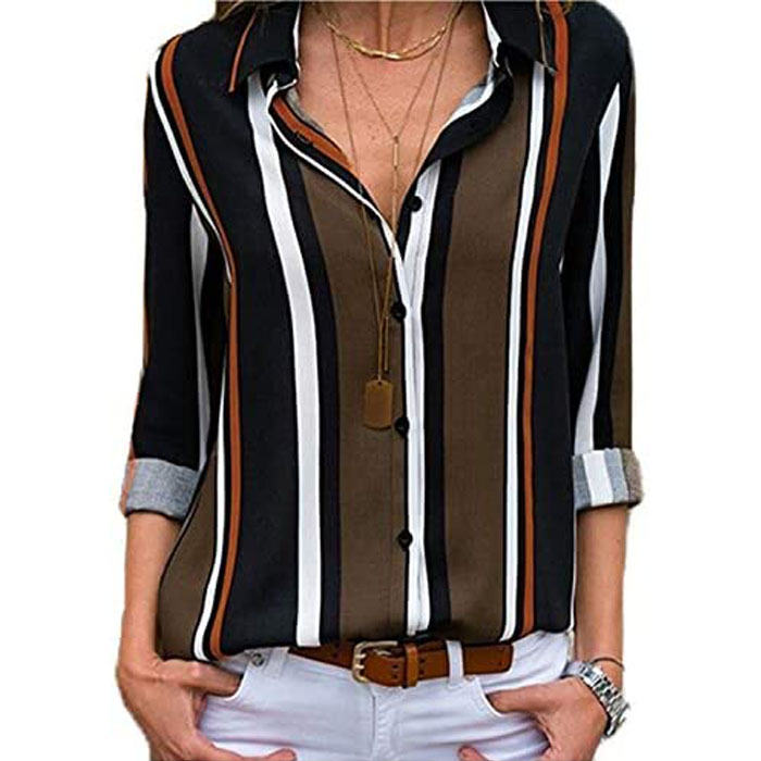 Beakey Women Autumn V Neck Striped Printing Roll up Sleeve Button Down Blouses Top-Army Green-623