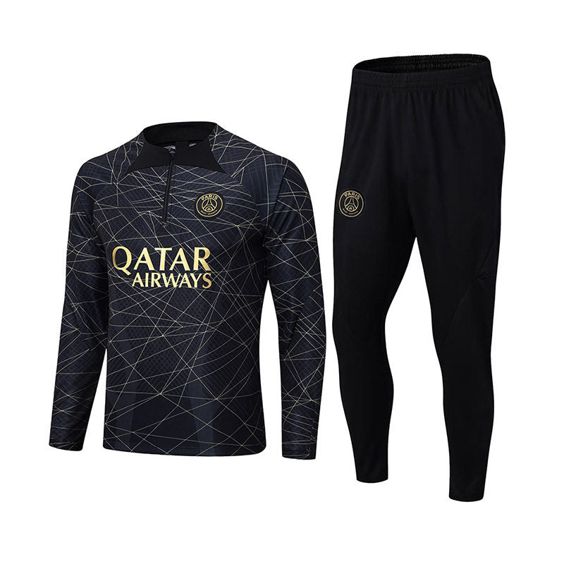 Beakey Paris Soccer Suit Football Training Suit with Stripe Long Sleeves Half Zipper for Kids Adult-Black