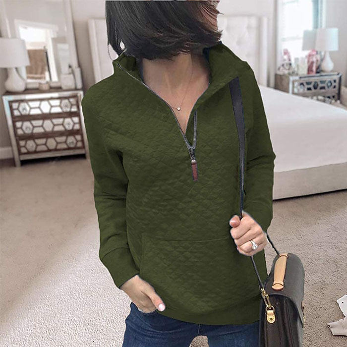 Beakey Women 1/4 Zipper Long Sleeve Plain Casual Sweatshirts Pullovers Shirts Tops-Army Green