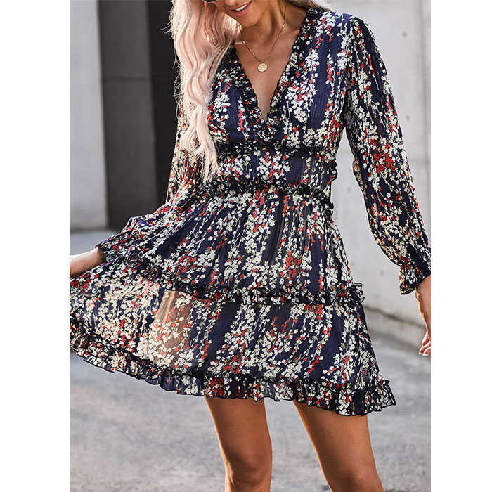Beakey Womens Spring Summer Deep V Neck Ruffle Long Sleeve Mini Dress-Blue-LC220829-1