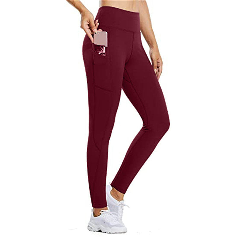 Beakey Womens High Waist Yoga Pants with Pockets Fashionable Leggings-Red Wine