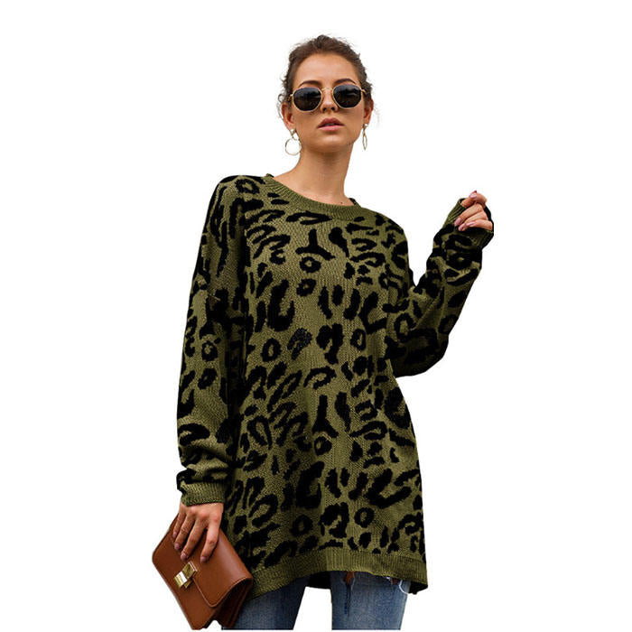 Beakey Women¡¯s Leopard Print Long Sleeve Knitted Oversized Pullover Sweaters-Army Green-HT20200301