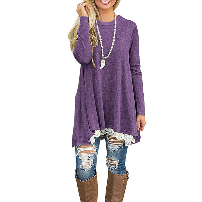Beakey Women's Crew Neck Long Sleeve Lace Splicing Shirt Long Tunic Blouses-Purple-1228