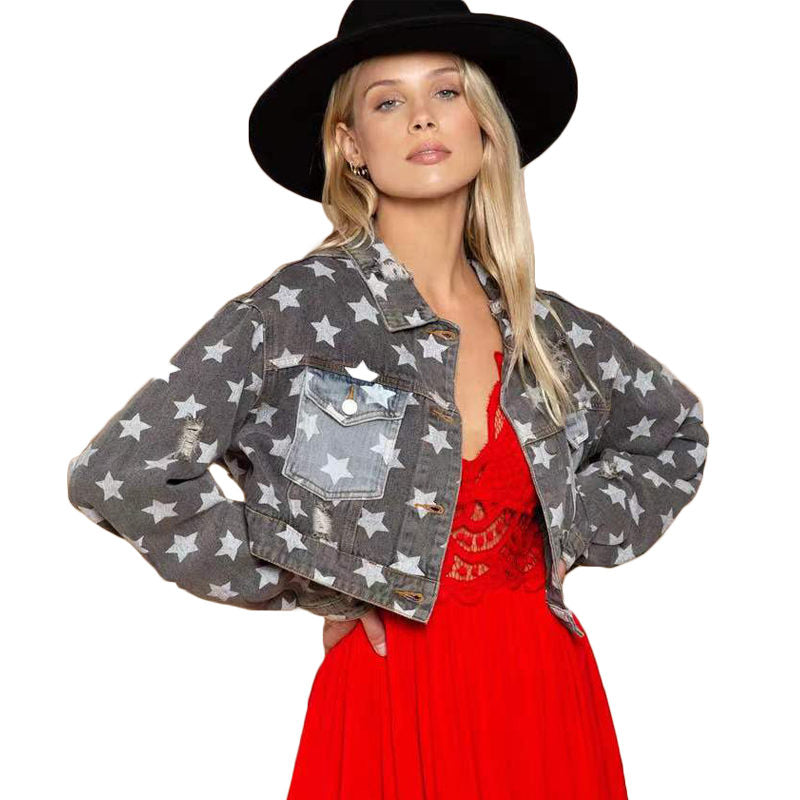Beakey Star Print Denim Jacket for Women Frayed Raw Crop Coat for Autumn
