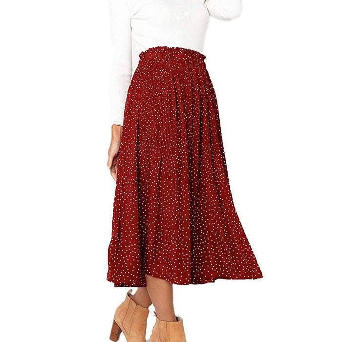 Beakey Womens High Waist Skirt Polka Dot Pleated Midi Maxi Swing Skirt High Elastic-Red-0387