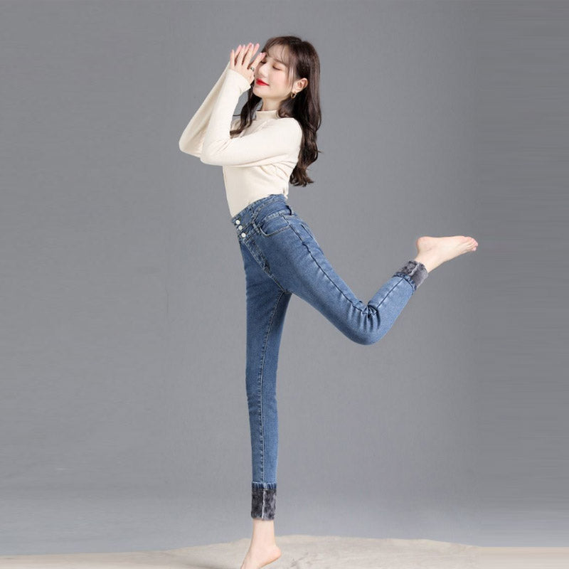 Beakey Womens Fleece Jeans Stretch Slim Fit High Waist Denim Pants-Retro Blue