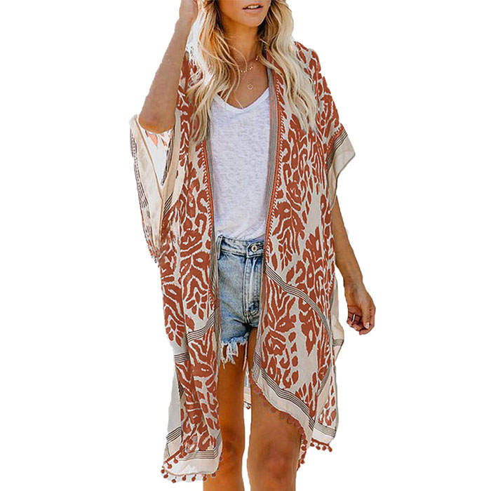 Beakey Women Print Kimono Tassel Casual Cardigan V Neck Loose Swimsuit Cover Up Beachwear-Pink