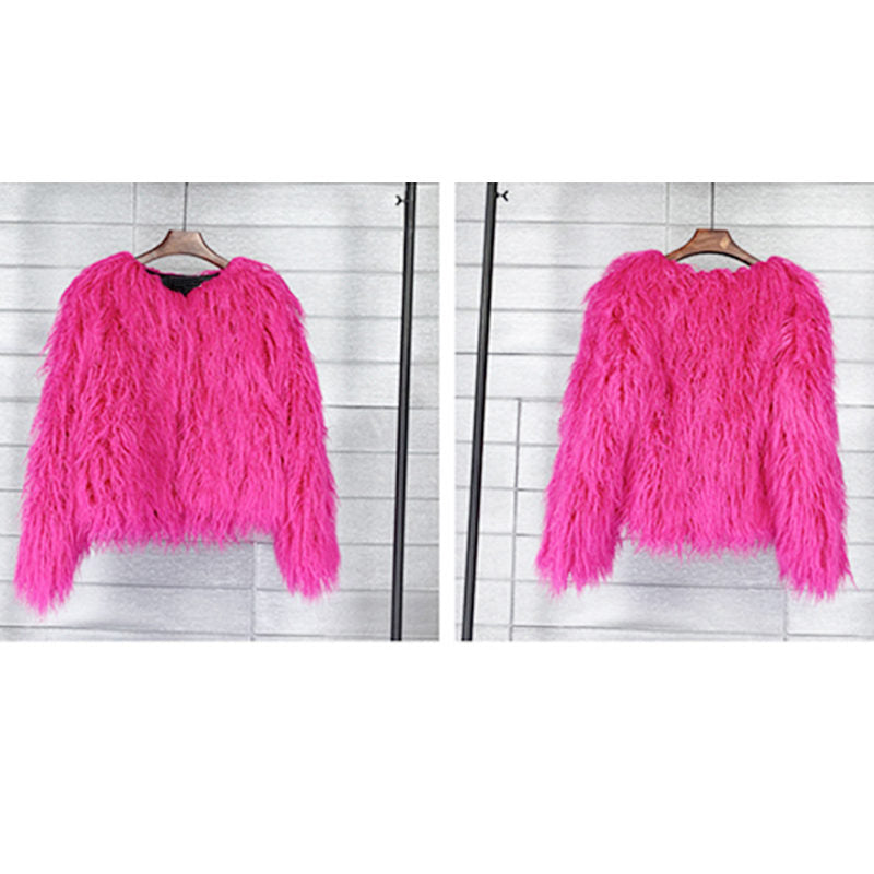 Beakey Womens Shaggy Faux Fur Outwear Short Thermal Coat-Rose Red