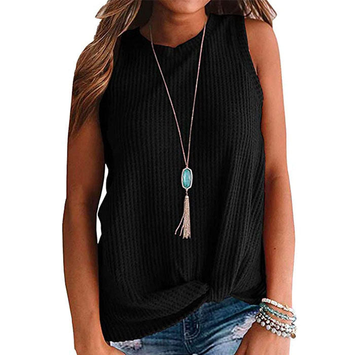 Beakey Womens Waffle Knit Vest Casual Blouse Sleeveless Twist Knot Tank Tops-Black-YT8829