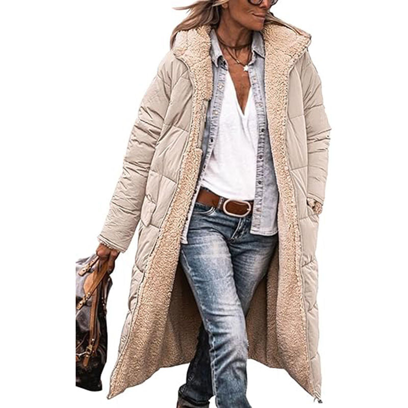Beakey Womens Long Coats with Hood Fleece Lining Oversized Jackets-Khaki