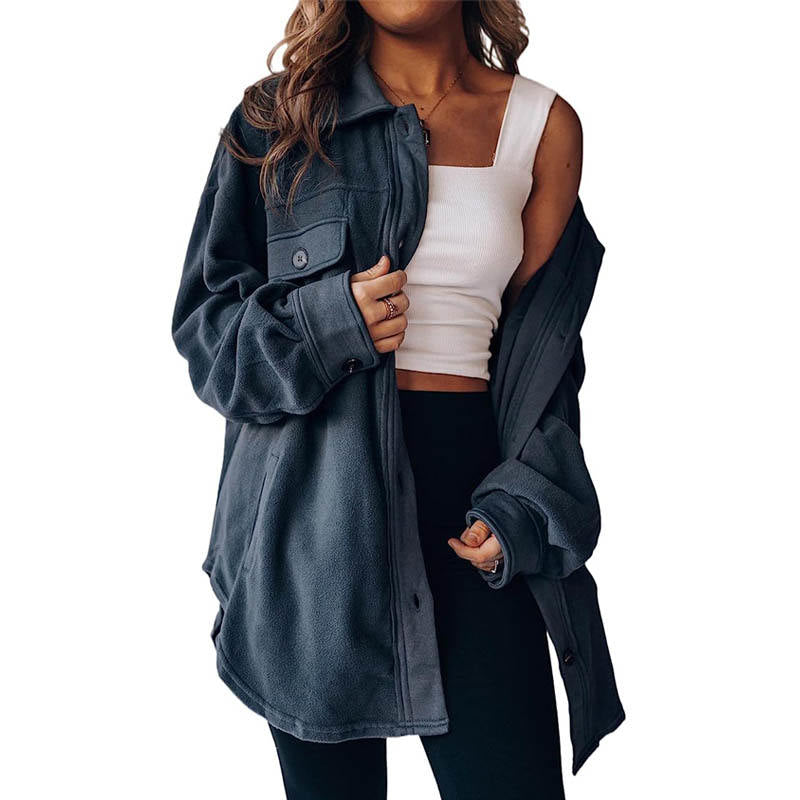 Beakey Womens Fleece Long Sleeved Shirt Casual Boyfriend Blouse Top-Navy
