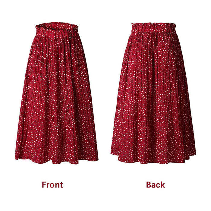 Beakey Womens High Waist Skirt Polka Dot Pleated Midi Maxi Swing Skirt High Elastic-Red-0387
