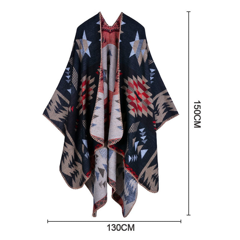 Beakey Womens Winter Reversible Oversized Blanket Cape Shawl-Star Flower