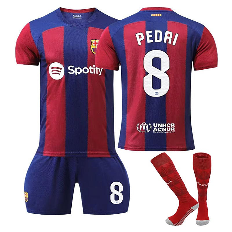 Beakey Barca Home Jersey PEDRI #8 Soccer Jersey Kids Adult 3-Pieces Jersey Kits