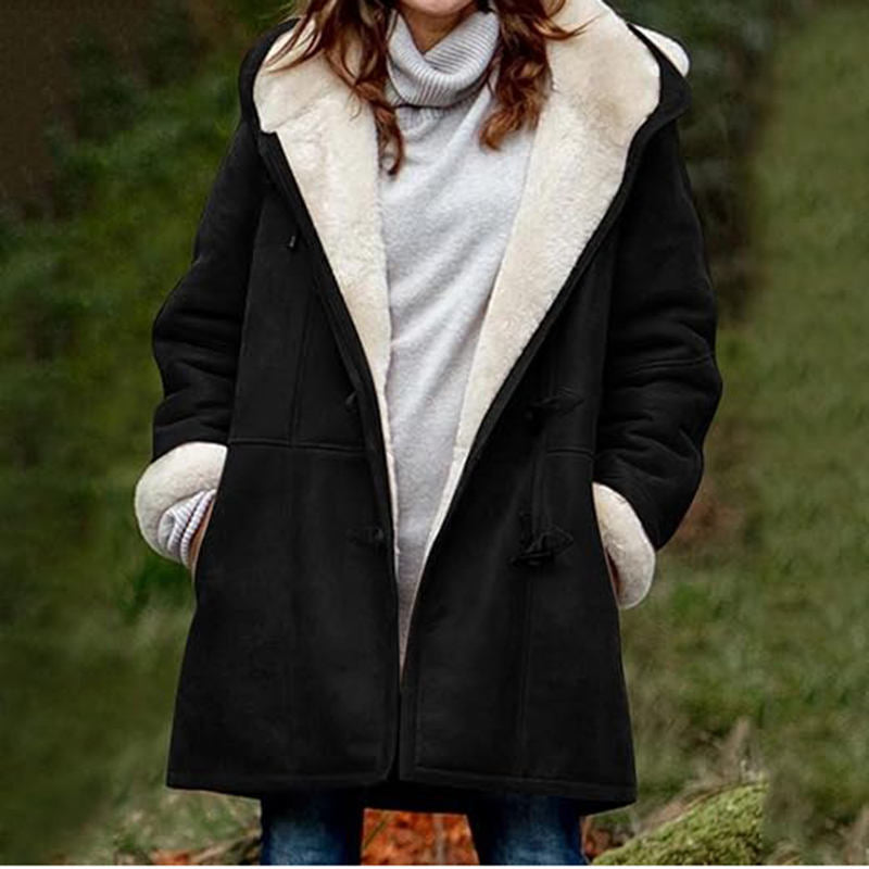 Beakey Fleece Jackets for Women Horn Button Winter Hooded Outwear-Black