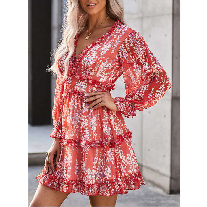 Beakey Womens Spring Summer Deep V Neck Ruffle Long Sleeve Mini Dress-Red-LC220829-1