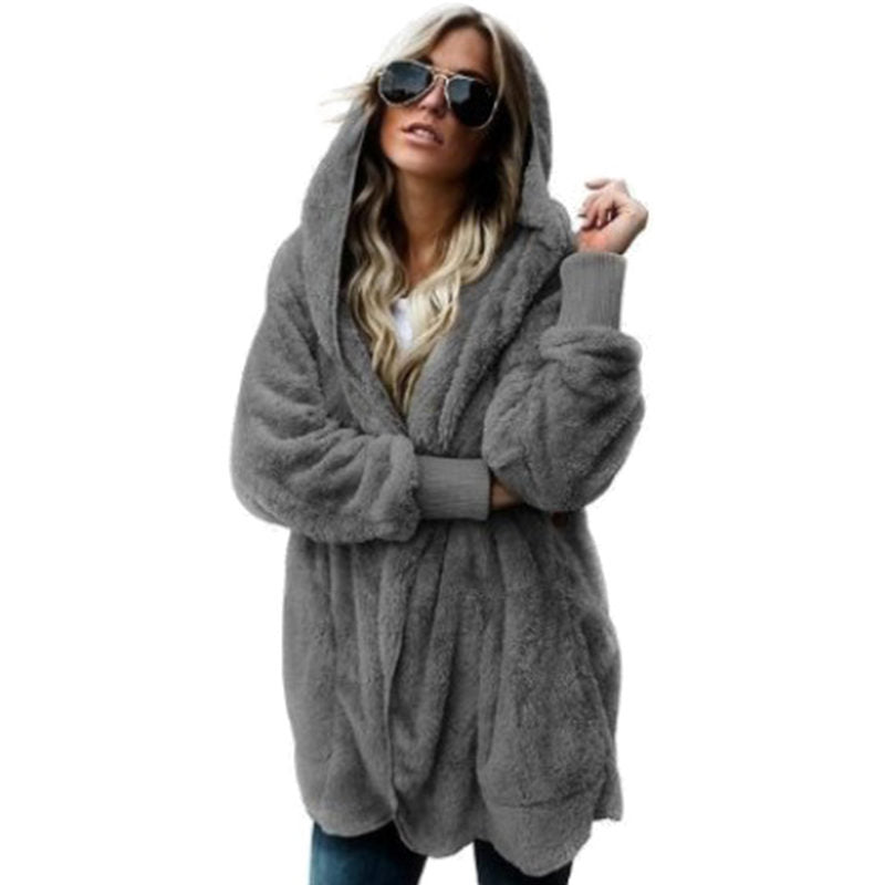 Beakey Womens Long Sleeve Fuzzy Fleece Jacket Hooded Cardigan Coat with Pockets-Dark Grey