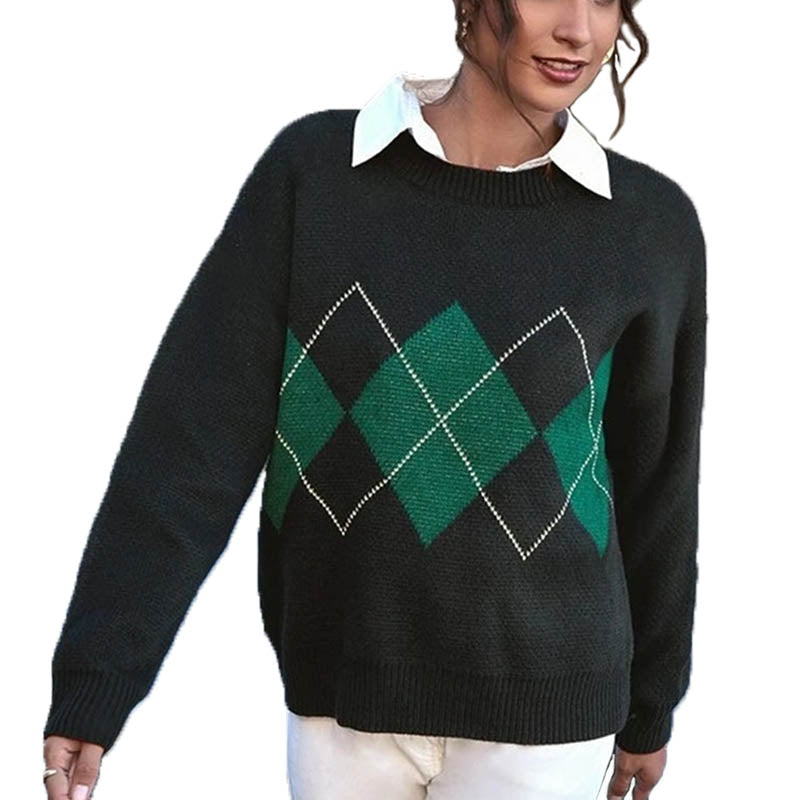 Beakey Women Plaid Sweater Preppy Style Vintage Pullover-Navy Blue