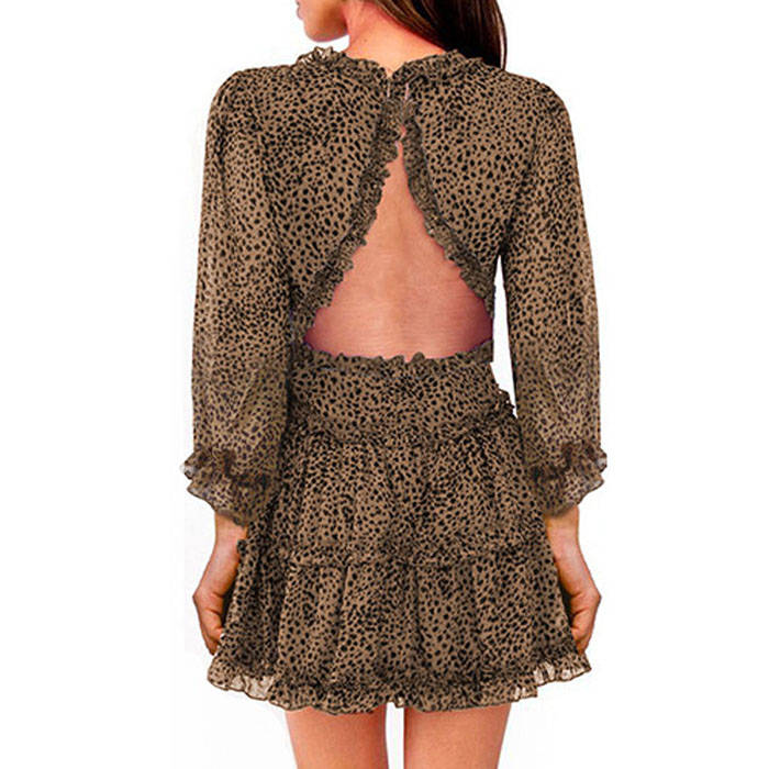 Beakey Womens Spring Summer Deep V Neck Ruffle Long Sleeve Mini Dress-Leopard-LC220829-1