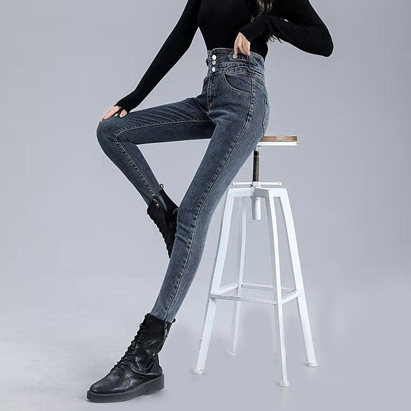 Beakey Womens Jeans Button up Stretch Slim Fit High Rise Denim Pants-Grey Blue